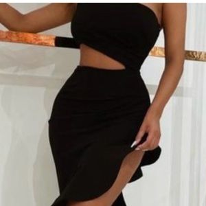 One shoulder, cutout, ruffle hem party dress.